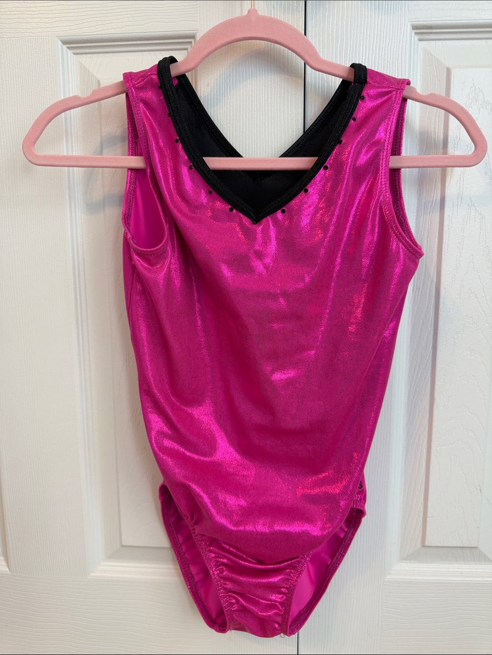 Adidas Hot Pink Shiny Gymnastics Leotard with Black Trim